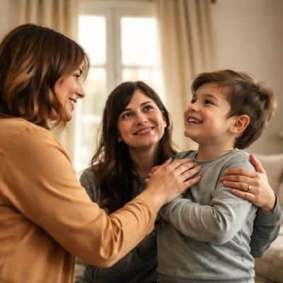Susana Villanueva con una madre y su hijo